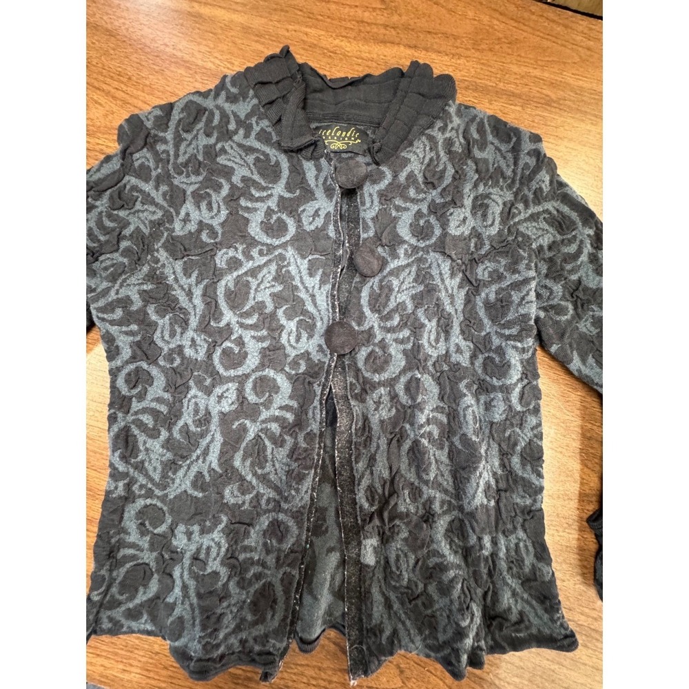 Icelandic Design Cardigan Sweater Grey Black Wool Blend Textured Damask Mockneck